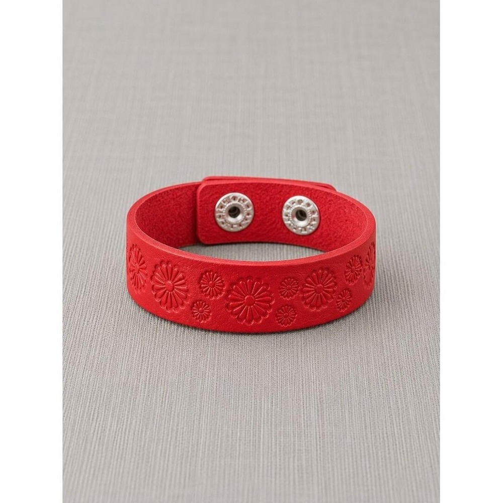 Red Leather Floral Embossed Cuff Bracelet Daisy Snap Button Closure Boho Style